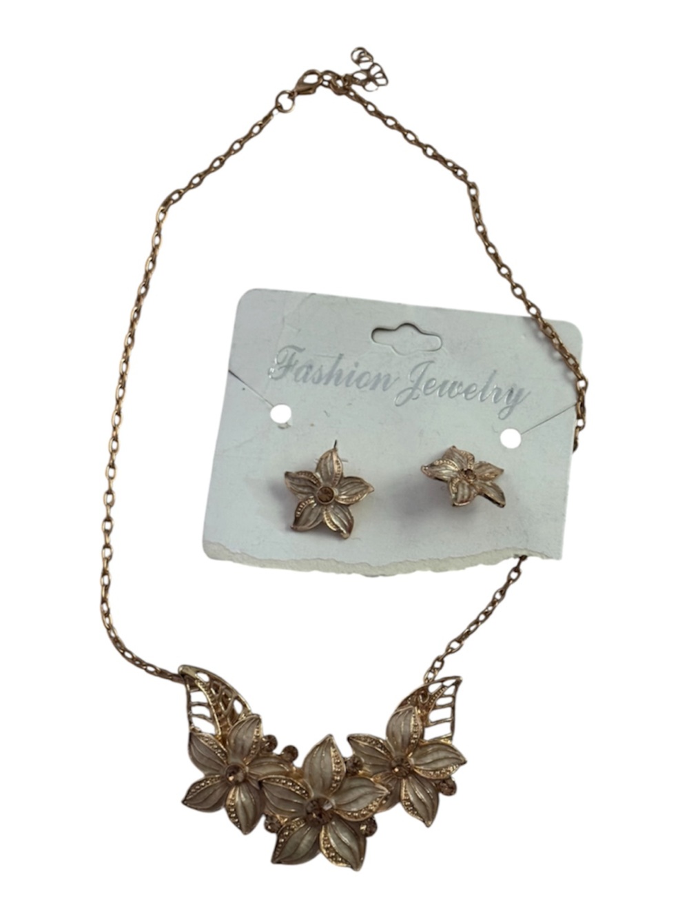 Gold Tone Floral Enamel Statement Necklace & Stud Earrings Jewelry Set